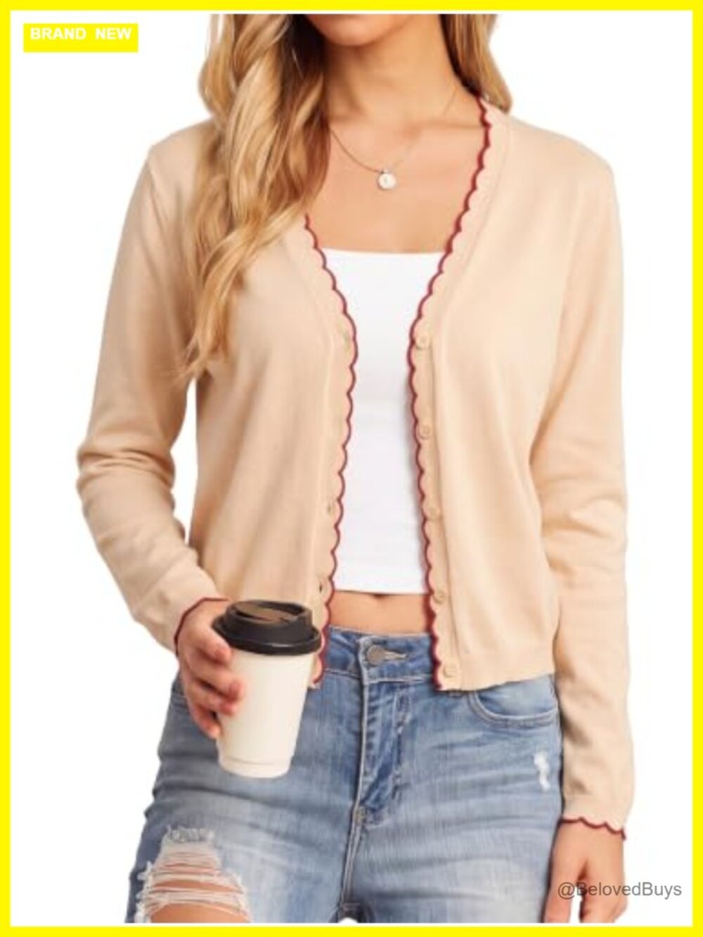 Women's V Neck Button Down Cardigan Wavy Trim Lightweight Knit Sweater